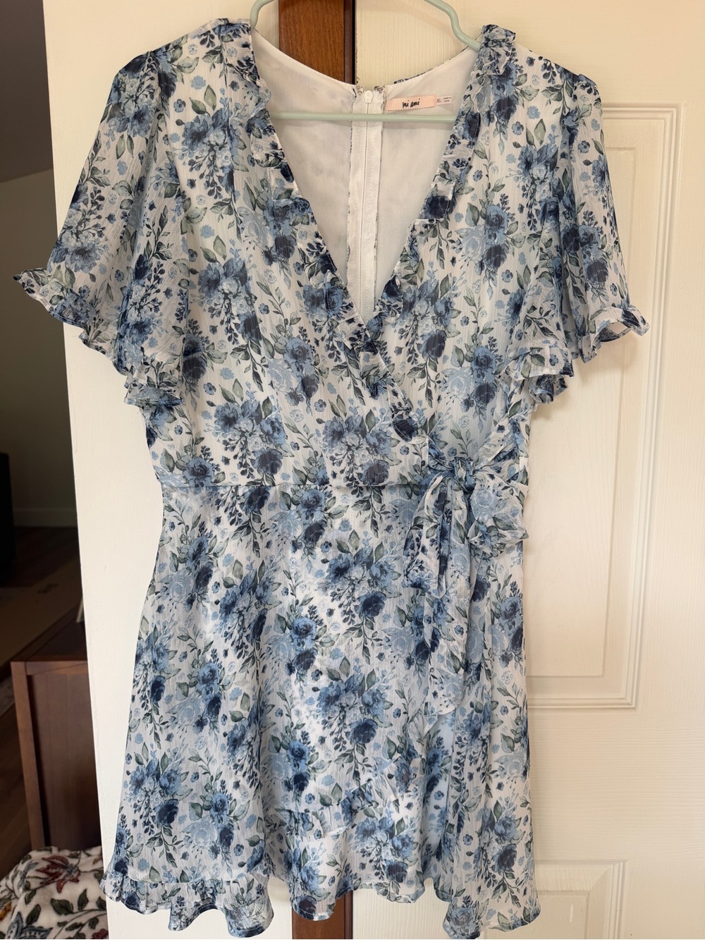 Francesca's Blue and White Floral Wrap Mini Dress
